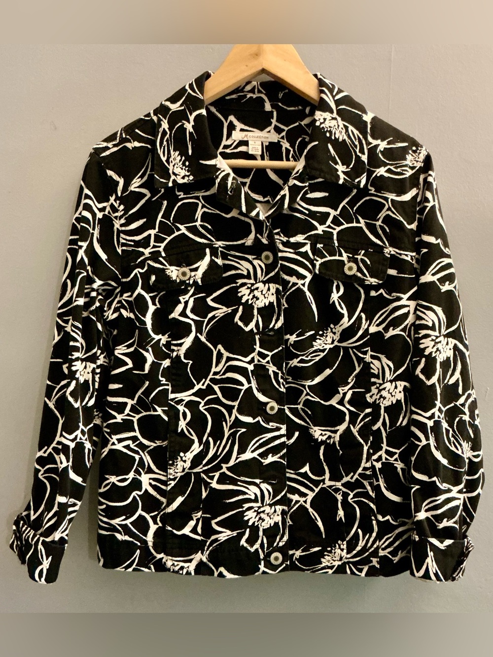 JM Collection Black White Floral Cotton Jacket Size 8